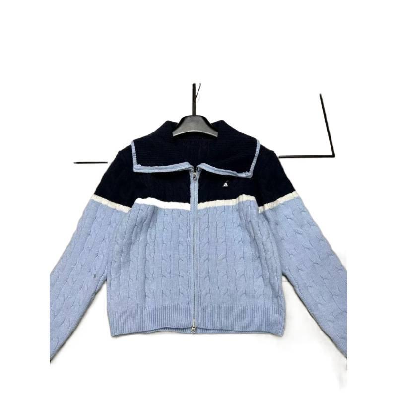POLO2025 Color Block Lapel Knit Cardigan - Lazy Style, Age-Reducing Double Zipper Loose Outerwear for Autumn/Winter