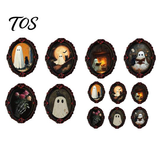 Decorative Magnetic Photo Holders Halloween Wooden Refrigerator Magnets, Vintage Gothic Oval Frame Fridge Magnets with Witch Ghost Decors Castle Art,