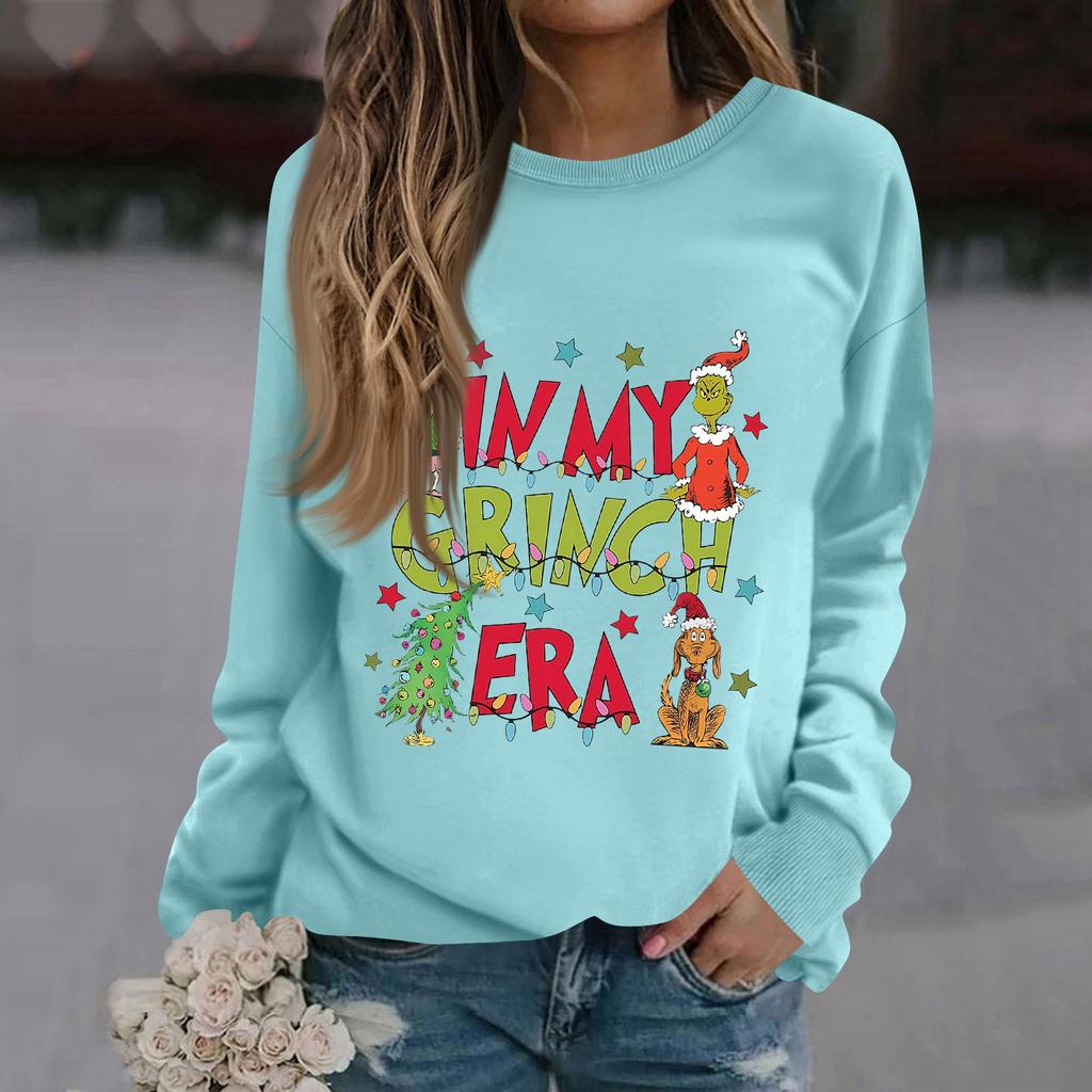 Women's Fashion Casual Long Sleeve Solid Color Christmas Printed Round Neck Top Sweatshirt