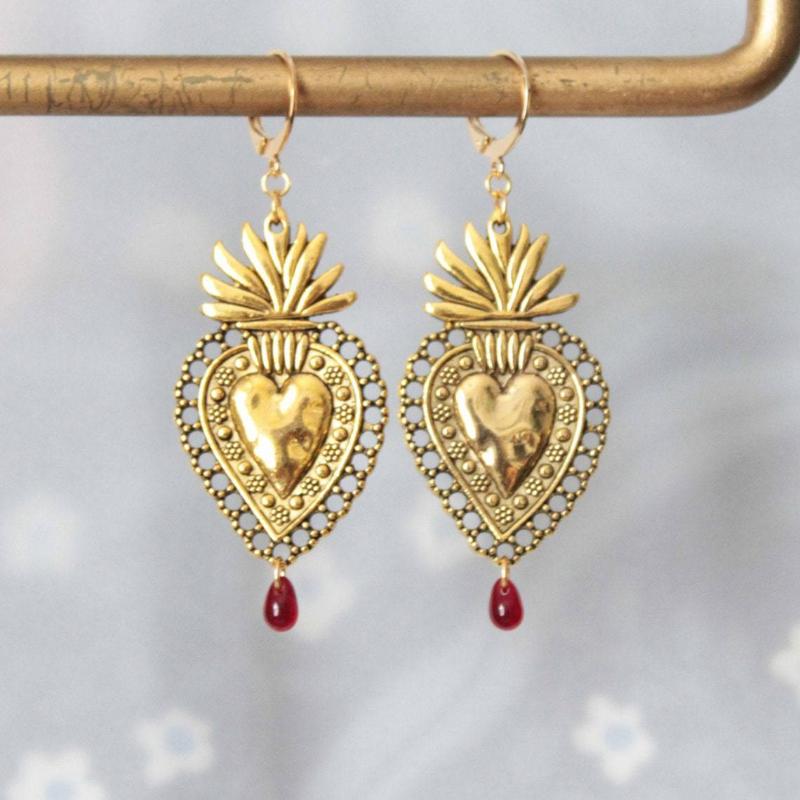 Heart Shape with Ruby Zinc Alloy Decor Golden / Silvery Dangle Earrings Retro Elegant Style Delicate Gift for Lovers