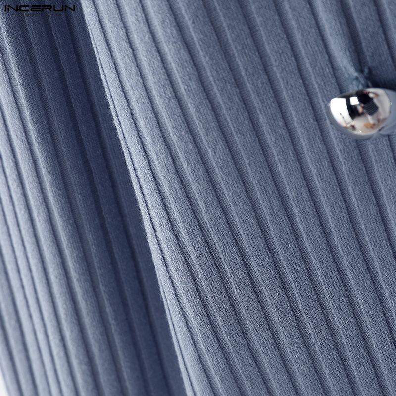 INCERUN Весенние мужские футболки с высоким воротом, длинным рукавом, декоративными пуговицами, приталенные, топы, майки