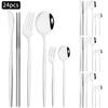 24pcs Silver Stainless Steel Cutlery Set Mirror Dinnerware Set Fork Knife Spoon Chopsticks Tableware Teaspoon Cake Fork Flatware