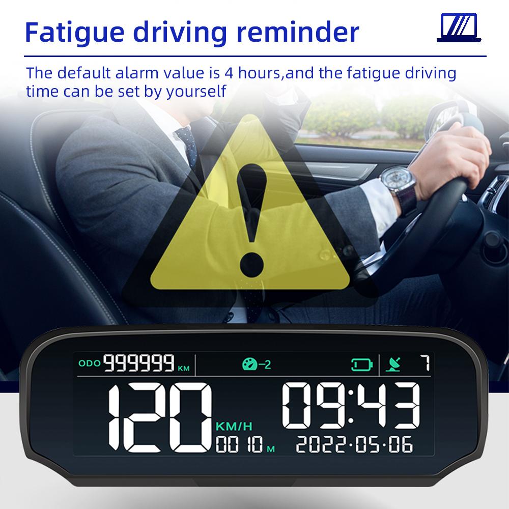 Автомобильный HUD на солнечной батарее с GPS-дисплеем на лобовом стекле Цифровые часы Спидометр Сигнализация превышения скорости Предупреждение об усталости водителя Отображение пробега на высоте