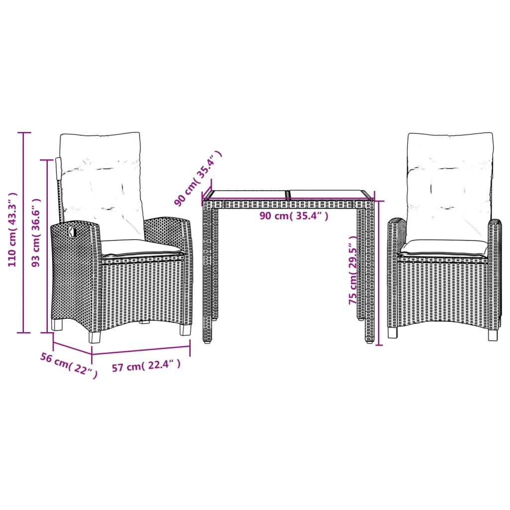 3 Piece Outdoor Dining Set with Cushions Black Poly Rattan