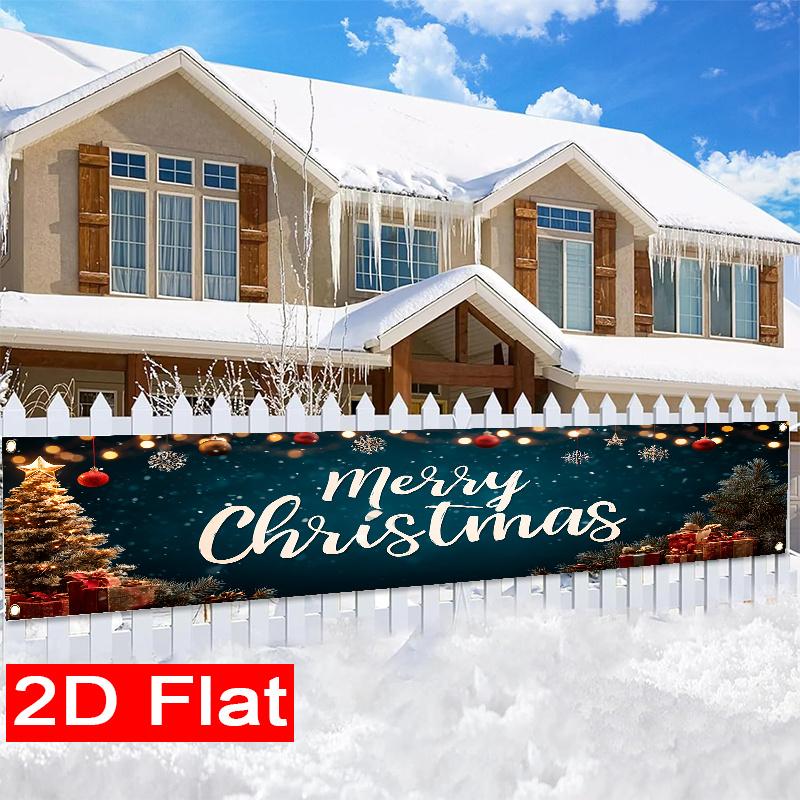 Merry Christmas Fence Banner, Pattern Polyester Outdoor Lawn Wall Holiday Party Decoration
