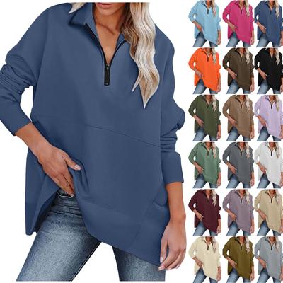 Женская повседневная спортивная рубашка оверсайз на половинной молнии, сплошной цвет с длинными рукавами и карманным пуловером, топ