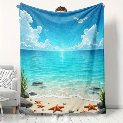 Coastal Beach Scene Fleece Blanket | Soft High-Definition Digital Print, Ocean Sky Seagulls Starfish Design, Cooling, All-Season, 100% Polyester, Perf