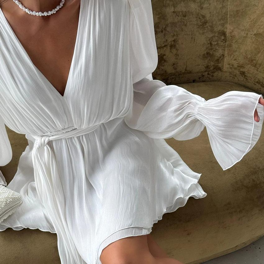 2026 Spring Summer New Puff Long Sleeve Dress Women Elegant Design Waist Cinch A-line Swing Dress