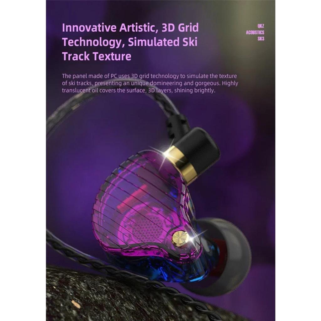QKZ SK3 3.5mm Wired Earphone with Microphone HiFi Music Monitor Bass Headphone Noise Cancelling Headset for Sport Gaming Earbuds