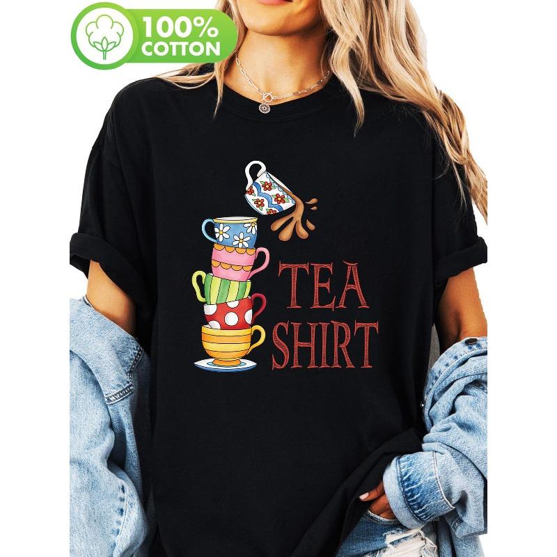 Милые и интересные чайные чашки, расположенные среди стопки высоких чашек, Футболки с принтом, Повседневные топы с коротким рукавом и круглым вырезом, для лета и весны,
