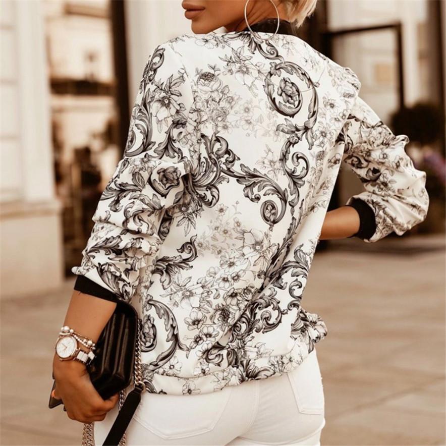 Women's Trendy Short Jacket Floral Print Bomber Jacket Casual Zipper Slim Fit Streetwear