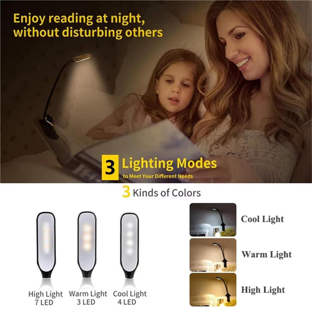 Usb Rechargeable Reading Light 3-level 7 Led Working Lamp Dc-5v Clip Book Portable Warm White 3000k Mini Lights Room For/bedroom