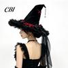 Decorative Halloween Hat Witch for Women, Large Black Velvet Wizard with Festive Holiday Headwear Mesh Ruffle Brim Adults Costume, Cosplay Party