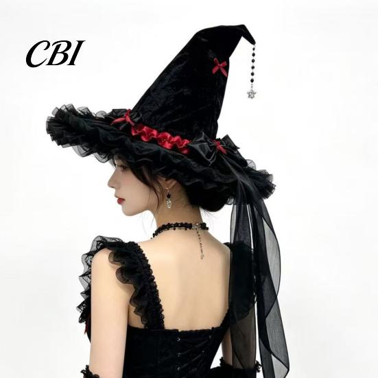 Decorative Halloween Hat Witch for Women, Large Black Velvet Wizard with Festive Holiday Headwear Mesh Ruffle Brim Adults Costume, Cosplay Party