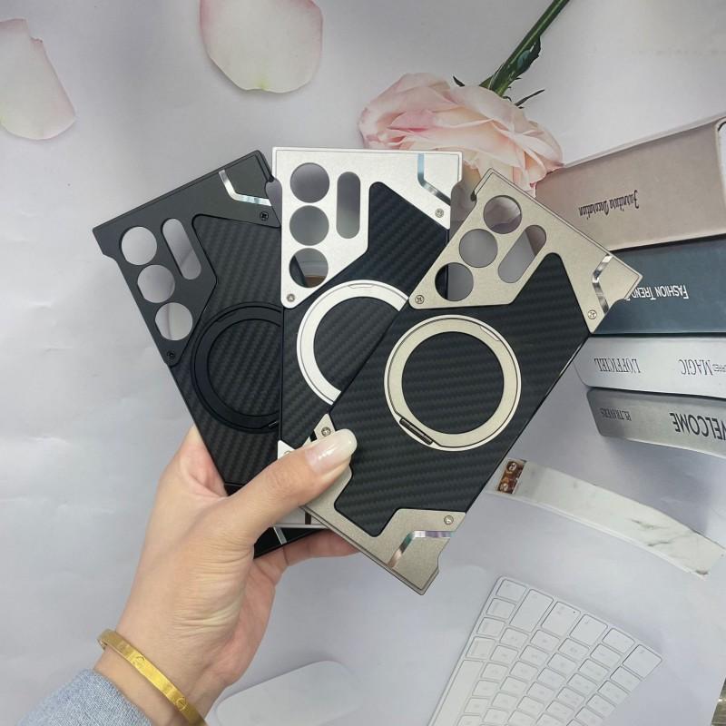 Carbon Fiber Phone Case S25 Ultra S24 S23 S22 Metal Magnetic Rotating Stand Shockproof Heat Dissipation