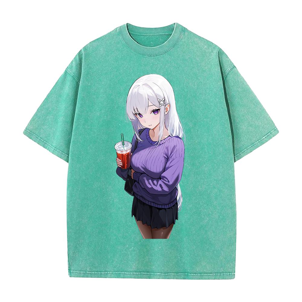Аниме Re ZERO Начинаем жизнь с нуля Эмилия Одежда Мужчины Женщины Футболки Хлопковая футболка с эффектом потертости Ретро футболка Футболка в стиле Харадзюку