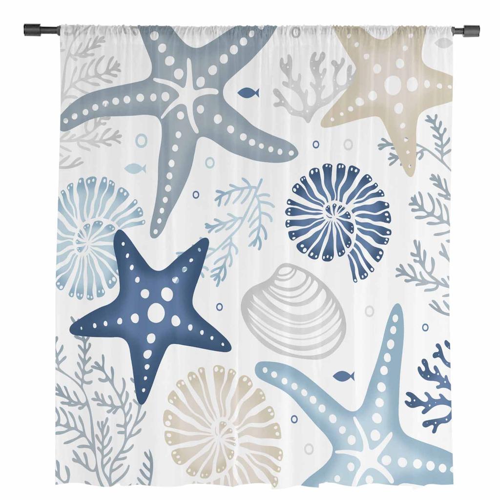 Marine Organisms Corals Starfish Shells Sheer Curtains for Living Room Decoration Window Curtains Kitchen Tulle Voile Curtains