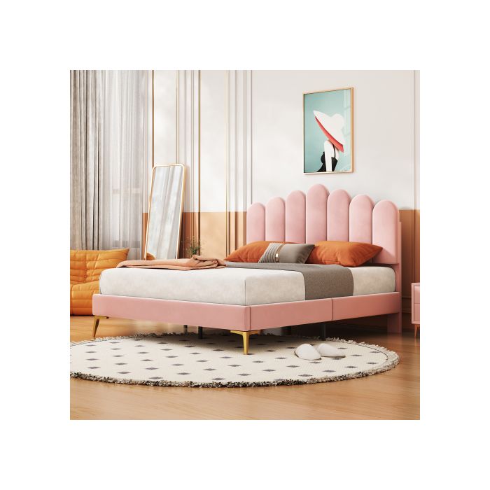 Lit double - MUVOE - 140 x 200 cm - Velours rose - Tête de lit réglable