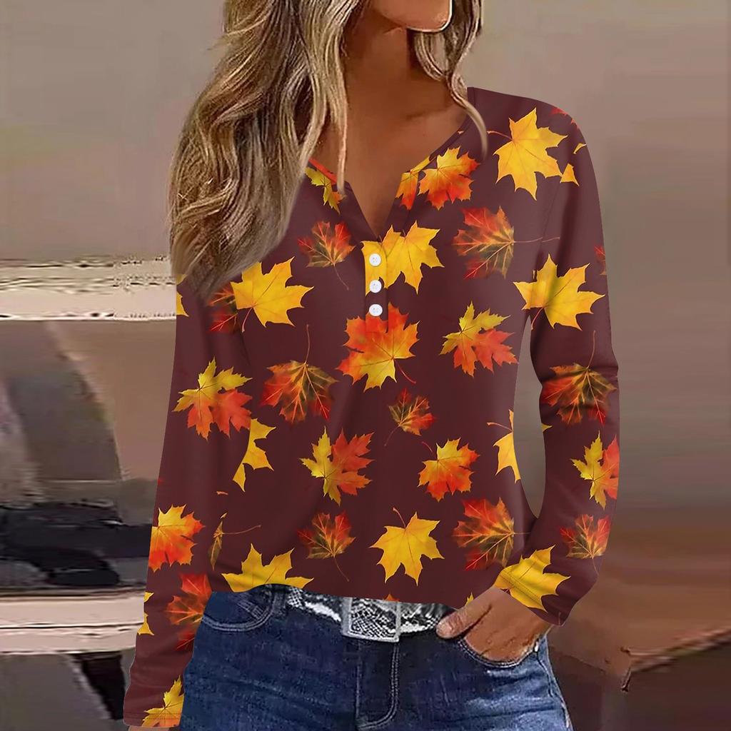 Жен. Футболка Футболка на пуговицах с длинным рукавом Повседневные Выходные Мода Классический Топ с v-образным вырезом Обычный