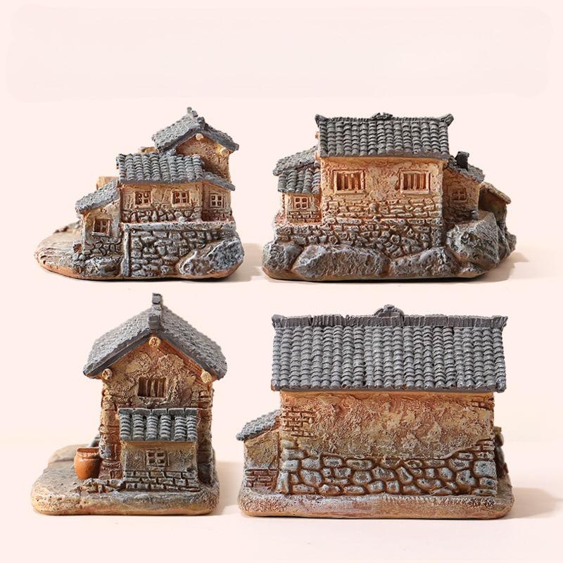 Decorative Mini Resin House Chinese Style Resin Bonsai Landscaping Retor Mini House Retro Building Home Desk