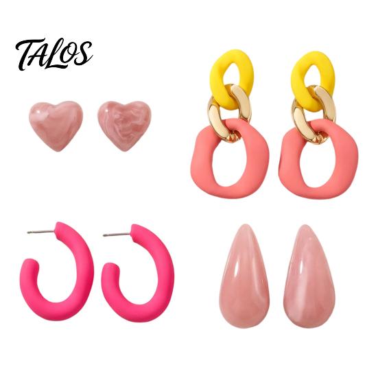 C Shaped Fashion Earring Studs 4 Pairs Chunky Statement Earrings for Women, Geometric Hollow Chain, C-shape Pastel Color Hoop, Heart, Teardrop