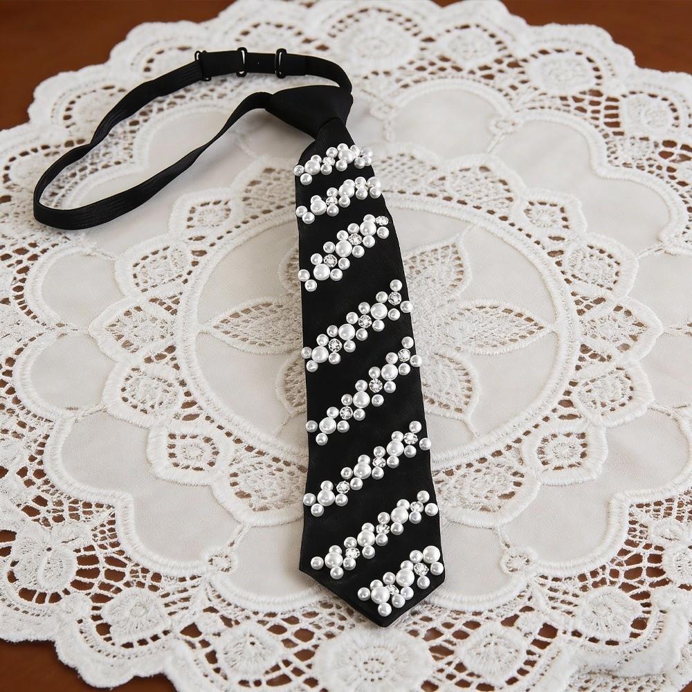 Rhinestone Hand-beaded Long Necktie Black Decoration Shirt Tie Pearls Tie JK Uniform Decoration