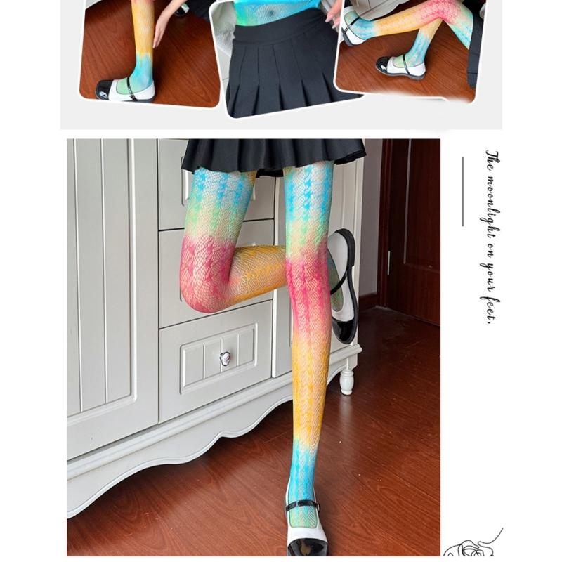 Sexy Gradients Rainbow Colorful Fishnet Tights for Women Candy Color Hollow Lace Jacquard Pantyhose JK Stockings Leggings