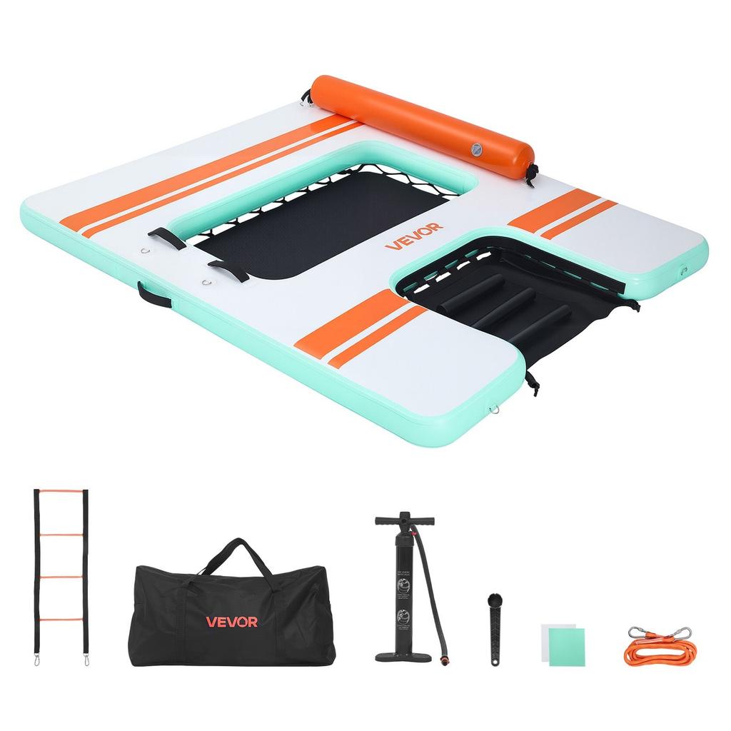 Inflatable Floating Dock, 2.44 x 1.83 M Inflatable Dock Platform, Non-Slip Water Air Mat with Portable Carrying Bag & Detachable Ladder, Floating