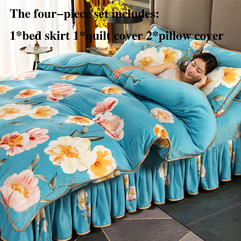 Костюм из четырех частей из молочного бархата плюс утепленное бархатное мягкое приятное для кожи постельное белье. Двусторонняя бархатная юбка-кровать устойчива к грязной зиме.