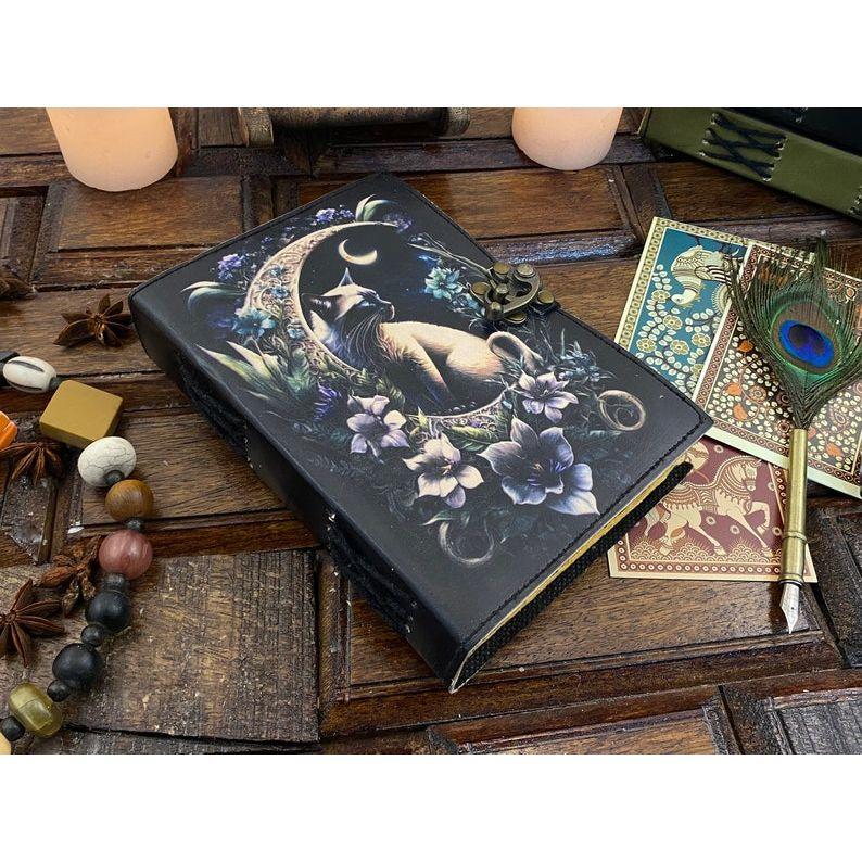 Grimoire Cat Leather Journal -Notebook Sketchbook - Book of Shadow - Witch Wiccan Journal -Handmade Deckle Edge Paper Gifts For Halloween