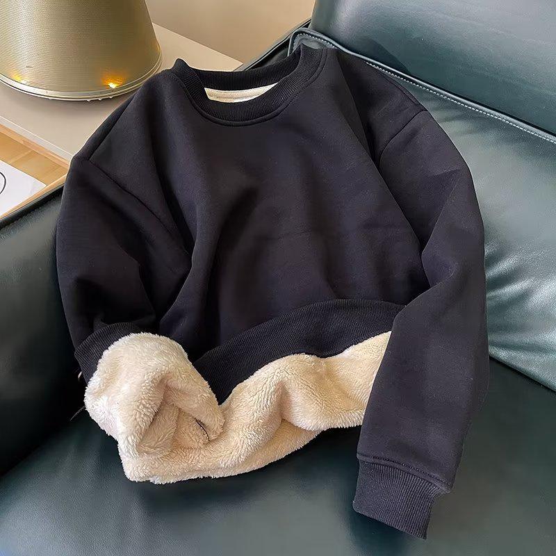 «Осень 2023 г., унисекс, плюс, бархатный свитер из овчины: Свободный крой, теплый, круглый вырез, капюшон.