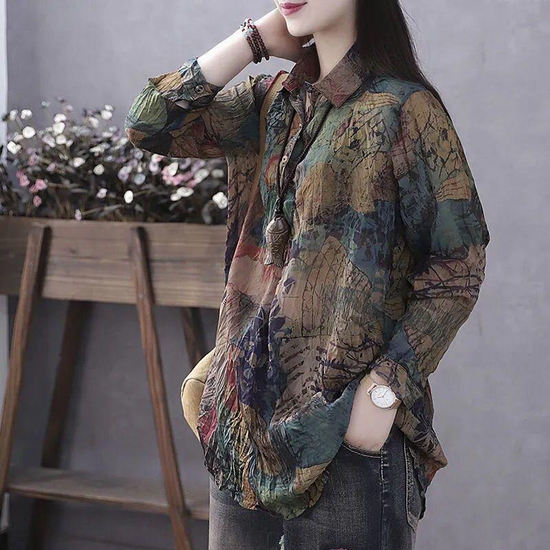 Ретро-художественная летняя принтованная тонкая рубашка женская с длинными рукавами большого размера пуловер базовая рубашка свободный топ женская мода