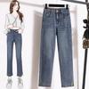 Женские джинсы больших размеров, брюки с высокой талией, свободные джинсовые женские брюки с эластичной резинкой на талии, весенние базовые брюки с карманами