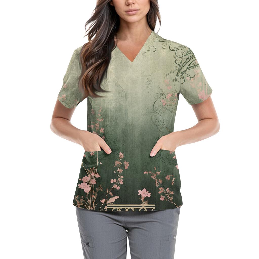 Женская симпатичная принтованная рабочая одежда с V-образным вырезом, двухслойными карманами, базовым коротким рукавом, пуловером ко Дню святого Валентина