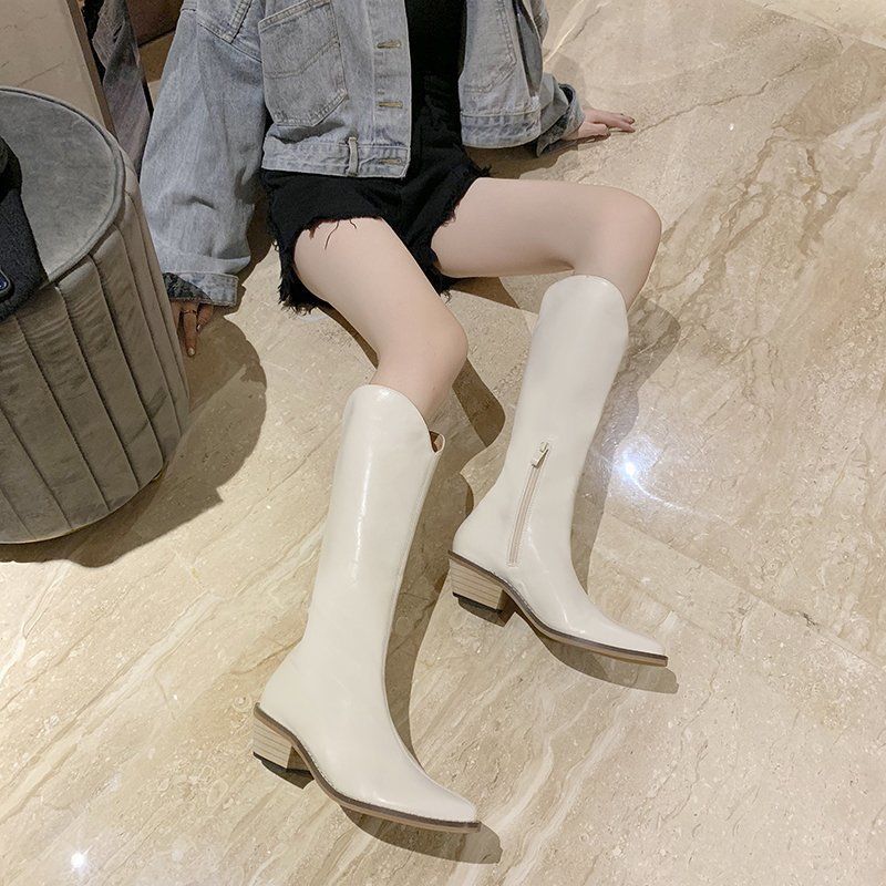 Long Tube Winter Ladies Boots White Retro High-heeled Thick Heel Women Long Boots High Tube