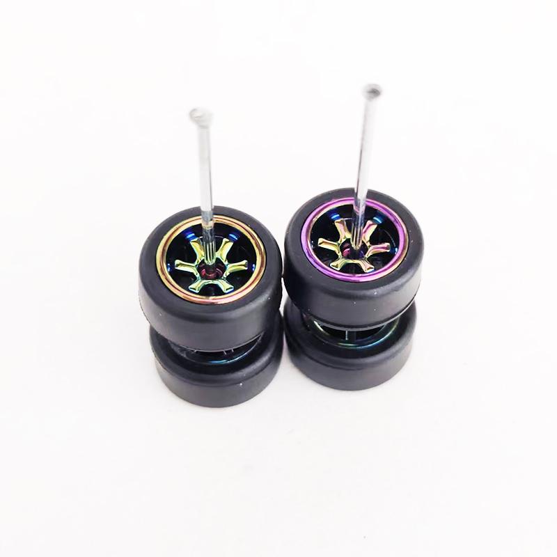 1Set 9.8mm 1/64 Alloy Car Wheels TE37 5-Blades Rubber Tires 10mm Tyres Rim for Hot Wheel/Matchbox/Domeka 1:64 Model Cars