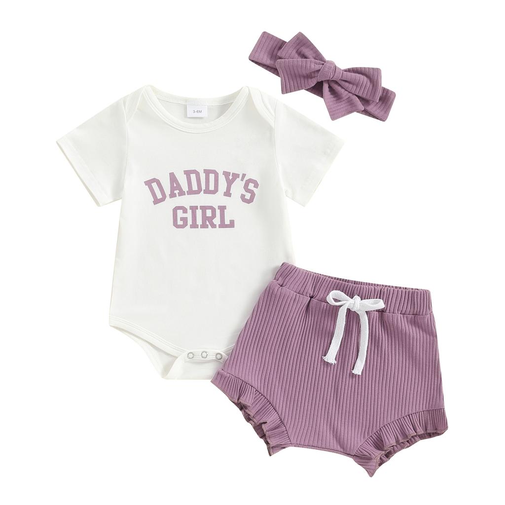 Baby Girls Shorts Set, Short Sleeve Letters Print Romper Elastic Waist Shorts with Hairband Summer Outfit