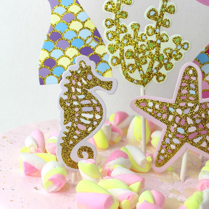 5Pcs/Set Cute Mermaid Tail Starfish Coral Seahorse Cake Toppers Party Supplies