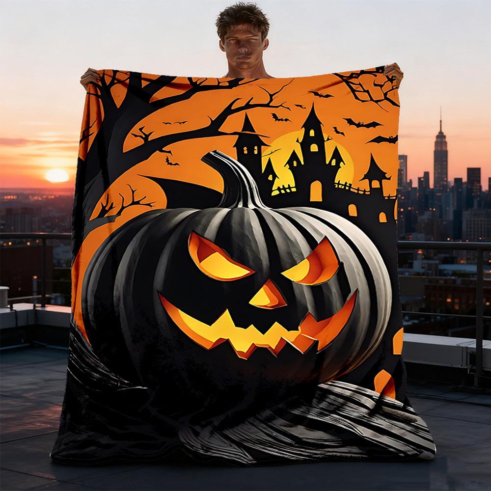 1pc pumpkin spooky decor Throw Blanket Polyester Fiber, Lightweight Flannel, Soft & Warm, All Season Use for Outdoor, Camping Digital Print