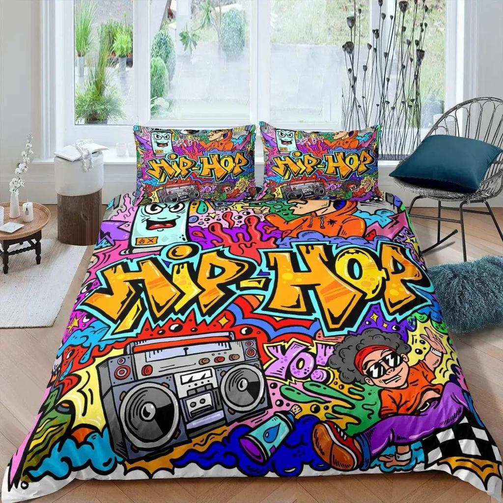 Rock Music Graffiti Duvet Set, Hip Hop Art Bedroom Supplies Quilt Set Three-Piece Set