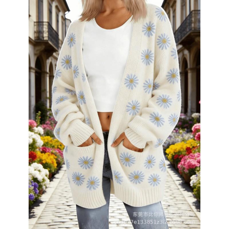 Womens Oversized Knit Cardigan With 3D Print Pocket Detail Loose Fit Long Sleeve Open Front Sweater