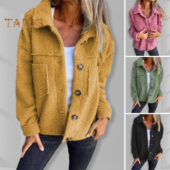 Winter Women Jacket with Double Pockets Thick Fleece Button Closure Cardigan Long Sleeves Warm Windproof Heat Retention Outdoor Coat