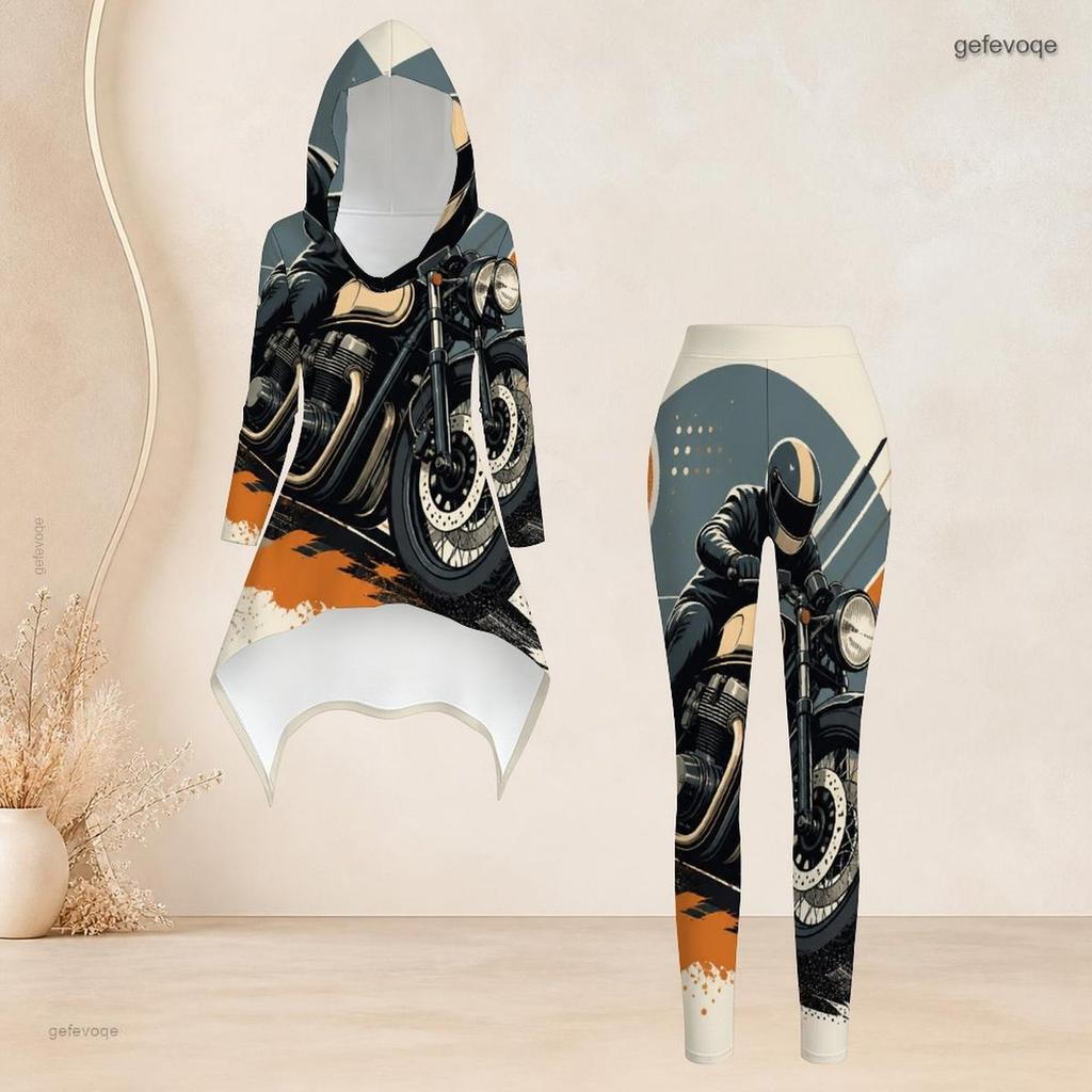 Women Plus Size White Cartoon Excavator Printed Hooded Long Sleeve High Low Top And Fitted Pants Two Piece Set