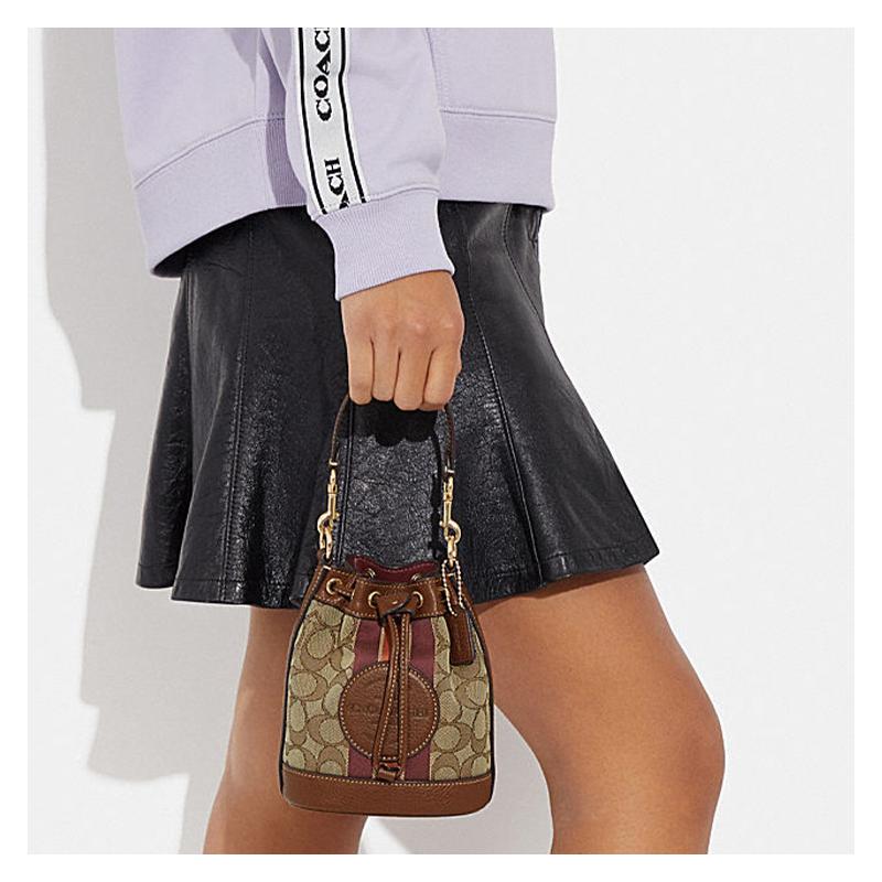 COACH handbag Dempsey 14 letter logo stripe classic print fabric and cow leather bucket bag hand-held shoulder crossbody bag mini women's elephant