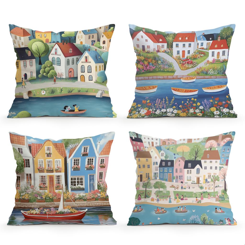 4 Pcs Colorful Town Single-Sided Printed Pillowcase Cushion Cover,Suitable For Living Room,Bedroom,Car Decoration