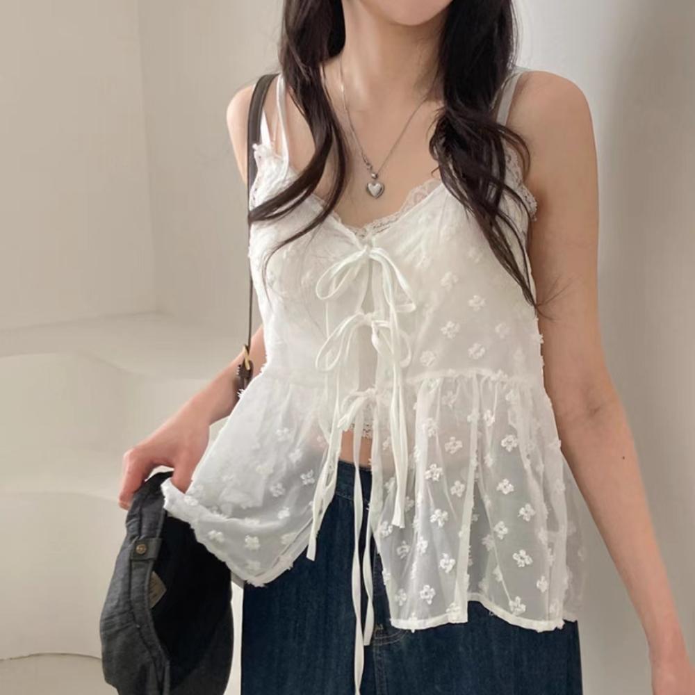 French Lace Sling Elegant Mesh Tops Women Summer Fashion Stacked Design Loose Gauze Tanks Korea Vintage Outwear Camis 2024 New