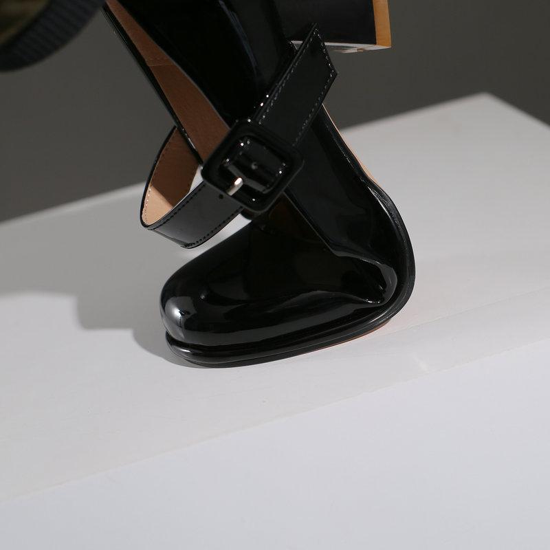 Patent PU Leather Orange Red Closed Toe Women Pumps Big Size 47 48 Mature Lady Office Shoes Buckle Strap Mary Jane Chunky Heels Big Plus Size 48