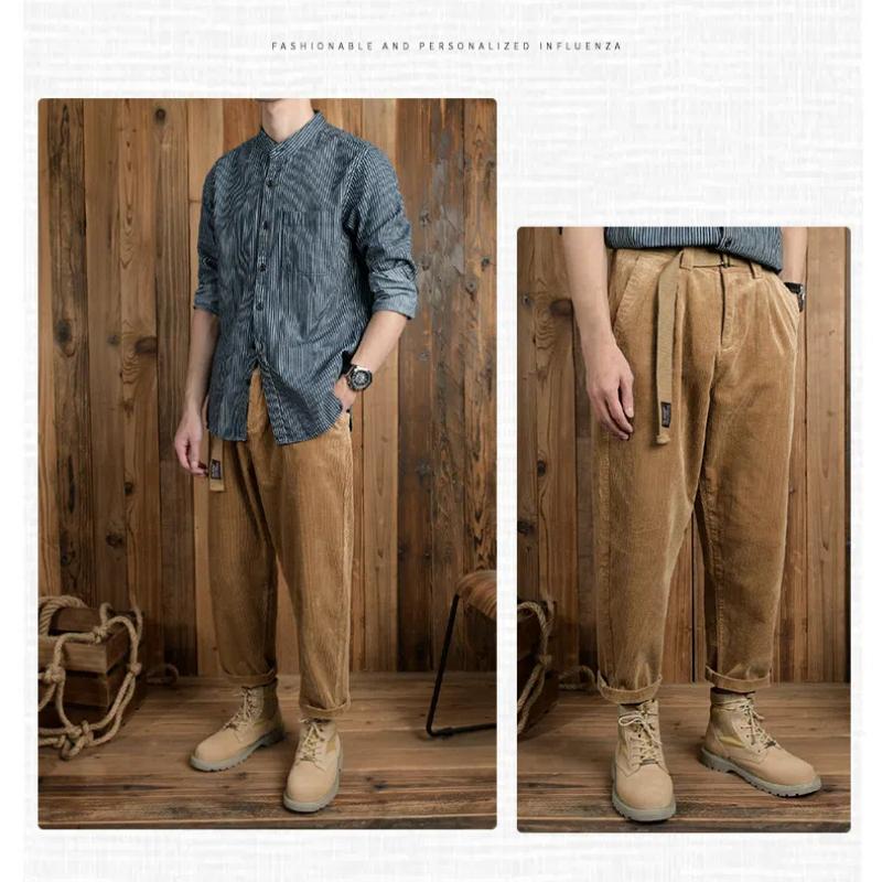 Осенние и зимние мужские брюки, японские ретро-утолщенные вельветовые брюки, мужские, 98% хлопок, мешковатые прямые брюки с поясом, повседневные мужские брюки