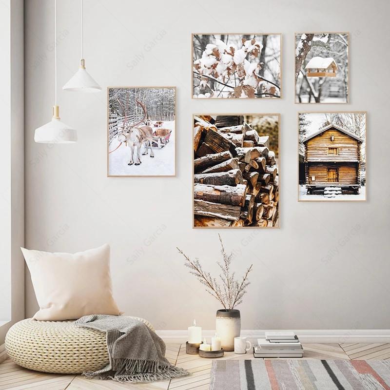 Зимний снежный пейзаж, холст, картина, скандинавские деревянные ворсовые постеры и принты, северный олень, белая береза, настенные художественные фотографии для гостиной
