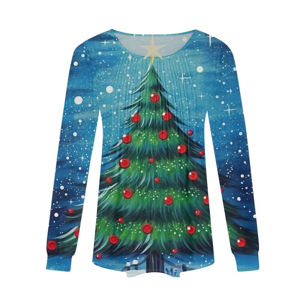 Женская повседневная и модная принтованная футболка с круглым вырезом и длинными рукавами, плиссированная футболка на Рождество